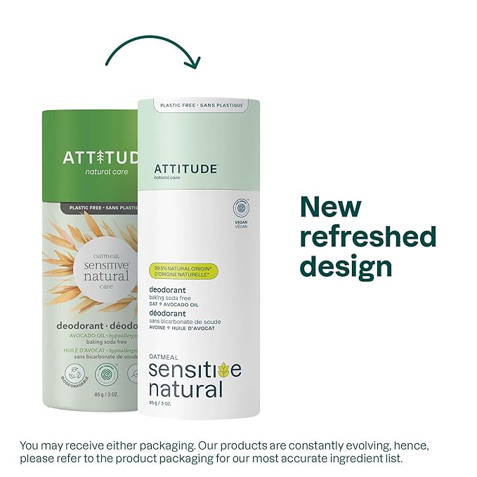 ATTITUDE Baking Soda Free Deodorant for Sensitive Skin with Oatmeal and Avocado Oil, EWG Verified, Aluminum Free, Plastic-Free, 3 Ounces