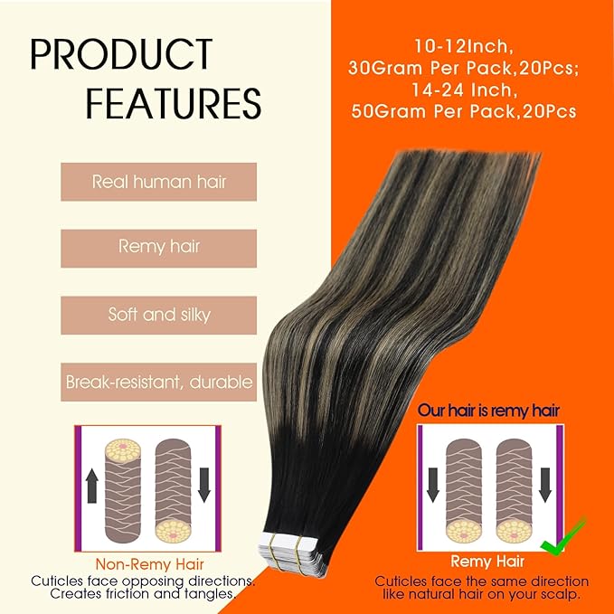 Full Shine Balayage Tape in Hair Extensions Human Hair Color 1B Off Black Fading to 27 Honey Blonde And 1B Black Tape ins Human Hair Extensions 12Inch Invisible Seamless Extension 30G 20Pcs for Women