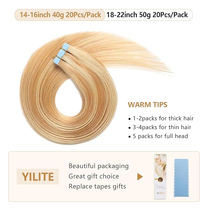 YILITE Tape in Human Hair Extensions Seamless Straight 20 inches 50g 20pcs Strawberry Blonde Highlighted Bleach Blonde Piano Color Tape in Hair Extensions