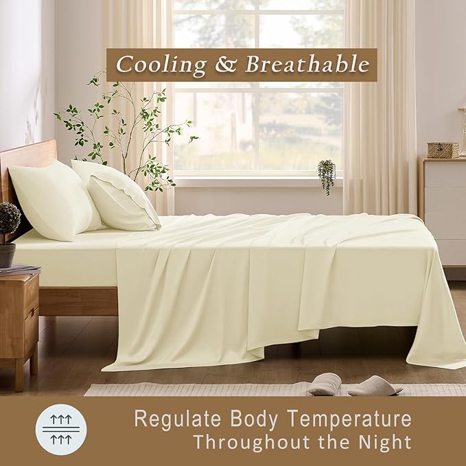 TOSMO Luxury Cooling Sheet Set - 100% Viscose from Bamboo, 4-Piece Bedding Set (Queen Size) - 18” Extra Deep Pockets, Oeko-Tex Certified, Silky Soft and Breathable, Vanilla Yellow