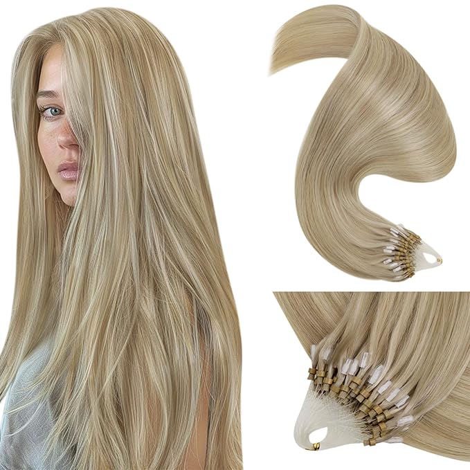 LaaVoo Micro Ring Hair Extensions Human Hair Blonde Micro Loop Hair Extensions Real Human Hair Highlighted Light Blonde 20in 50g 50s