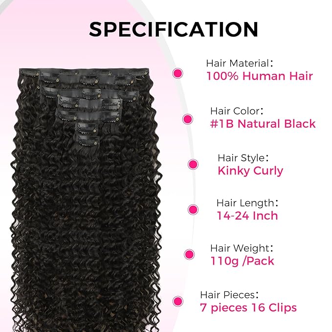 Lashey Invisi Edge Clip in Hair Extensions 14 Inch 110g 7pcs Injected Seamless PU Clip in Hair Extensions Virgin Human Hair, Natural Black Kinky Curly Hair