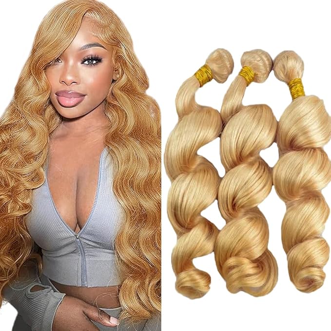 Honey Blonde Bundles Color 27 Loose Wave Bundle Human Hair 3 Bundles 16 18 20 Inch Uprocessed Virgin Remy Hair Double Weft Hair Extensions 150g