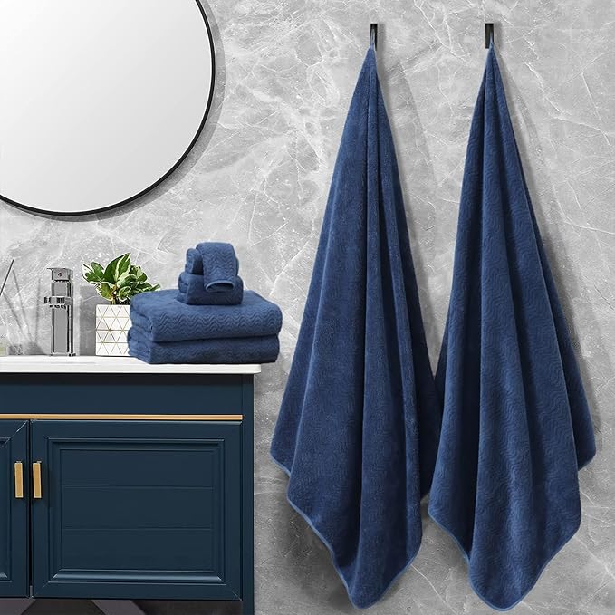 Bathroom Towels Set of 4, 35x70inch Oversized Bath Towels Extra Large Microfiber Shower Towels Textured Ultra Soft Absorbent Towels Quick Dry Towel Bath Sheets for Bathroom Hotel Spa Navy Blue