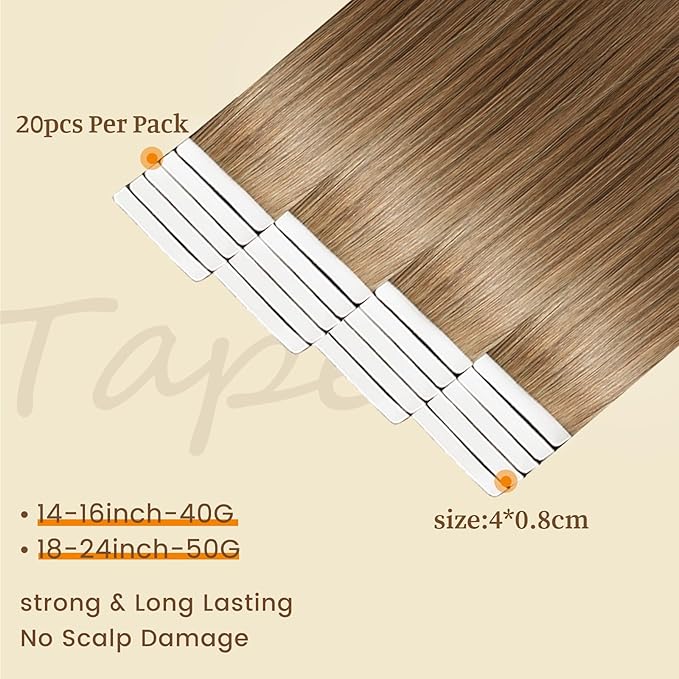 DNE Tape in Hair Extensions Real Human Hair 24inches 20Pcs/50g/Pack Seamless #M4/27Chocolate Brown to Honey Blonde Straight Invisible Double Sided Tape in Hair Extensions for Women/Girls