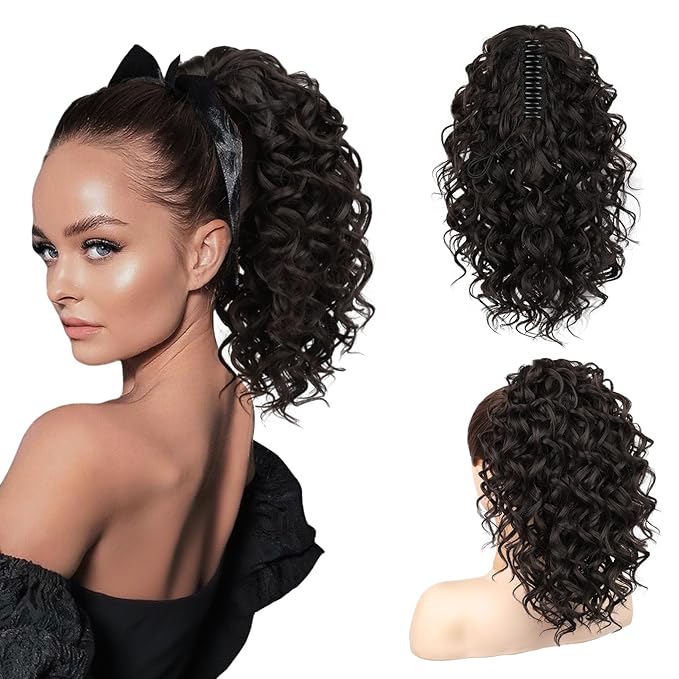 SEIKEA Ponytail Extension, 14" Claw Clip Ponytail Extension Wavy Curly Jaw Clip in Ponytail Hair Extensions Fluffy Natural Soft Fake Pony Tails Synthetic Hairpiece Black Brown