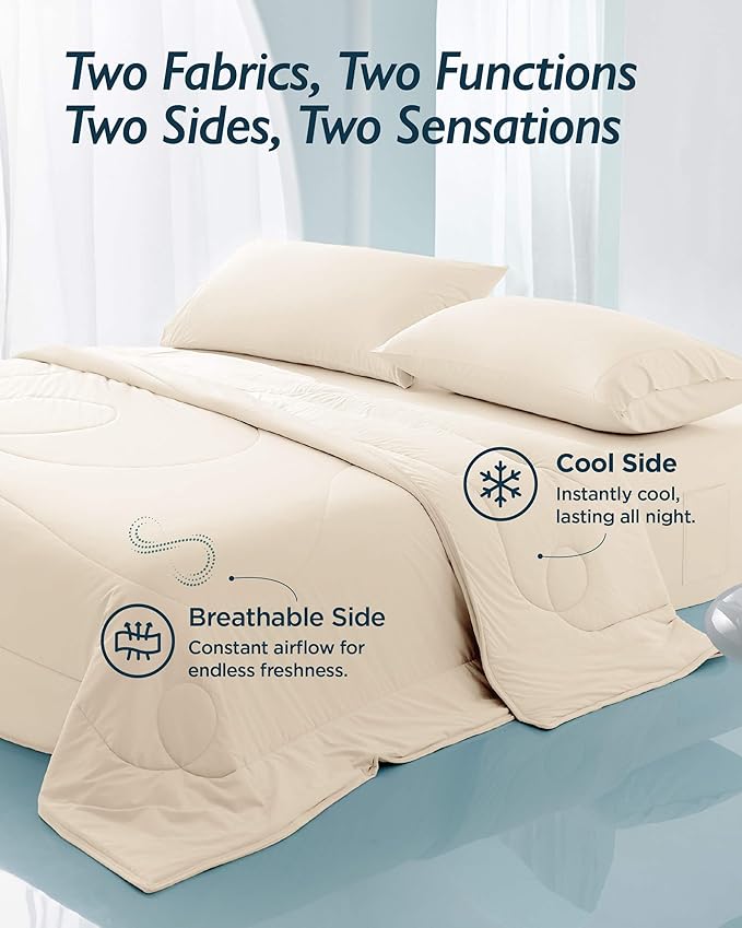 Breescape Cooling Comforter Throw Size - BlendTek™ Q-Max>0.46 Tech, Breathable Blanket for Hot Sleepers & Night Sweats Relief, Premium Lightweight Summer Bedding, 52x72 Inches, Ivory