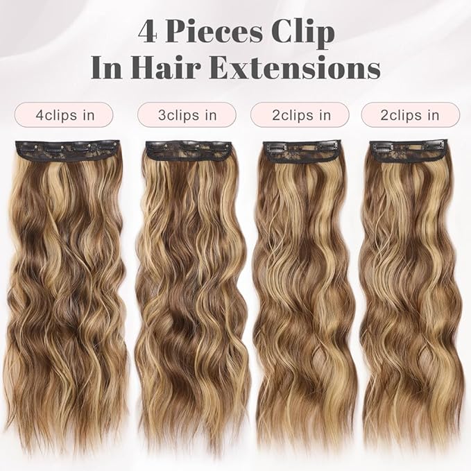 ALXNAN Clip in Long Wavy Hair Extension 24 Inch Chocolate Brown to Honey Blonde Hair Extensions 4PCS Thick Hairpieces Fiber Double Weft Hair for Women