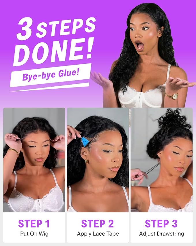Glueless 13x6 Lace Front Wigs Human Hair Pre Plucked Pre Cut 220% Density Water Wave Curly Human Hair Wig with Drawstring HD Ear-to-Ear Frontal Deep Wave Wig 24 Inch