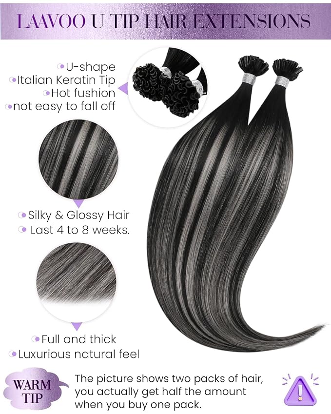 LaaVoo U Tip Hair Extensions Human Hair Ombre Black K tip Hair Extension Real Human Hair Natural Black to Silver KTip Human Hair Extensions Hot Fusion 18 inch 50g/50s
