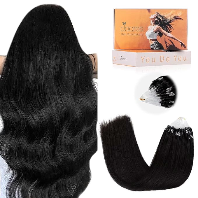 DOORES Micro Loop Human Hair Extensions - Jet Black, 20 Inch, 50g/50s - Remy Hair With Micro Beads