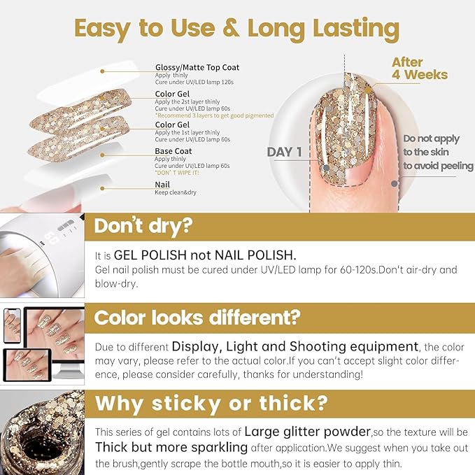 YTD Likomey Glitter Gel Nail Polish,15ml Champagne Gold Glitter Fall Winter Shiny Sparkly Salon Home DIY Manicure UV Color Varnish,SF399