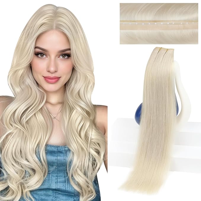 Sunny Hair Dual-Use Micro Bead Weft Hair Extensions Platinum Blonde Butterfly Hand Tied Weft Hair Extensions Human Hair PU for Wedding Breathable 18 Inch 100G