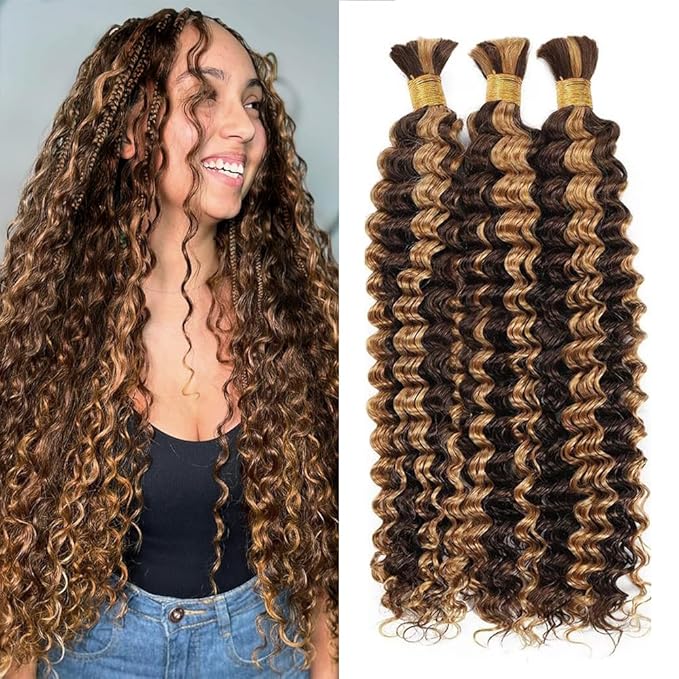 Human Braiding Hair 3 Bundles 150g 16 inch P4/27 Blonde Deep Wave Bundles Bulk Human Hair for Braiding Highlight Brown Color