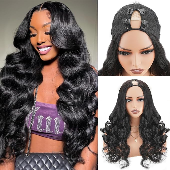 V Part Wigs Human Hair Body Wave 26 Inch Upgrade Glueless U Part Wigs With Drawstring 200% Density No Leave Out No Sew In V Shape Half Wig For Women Beginner Friendly Natural Black
