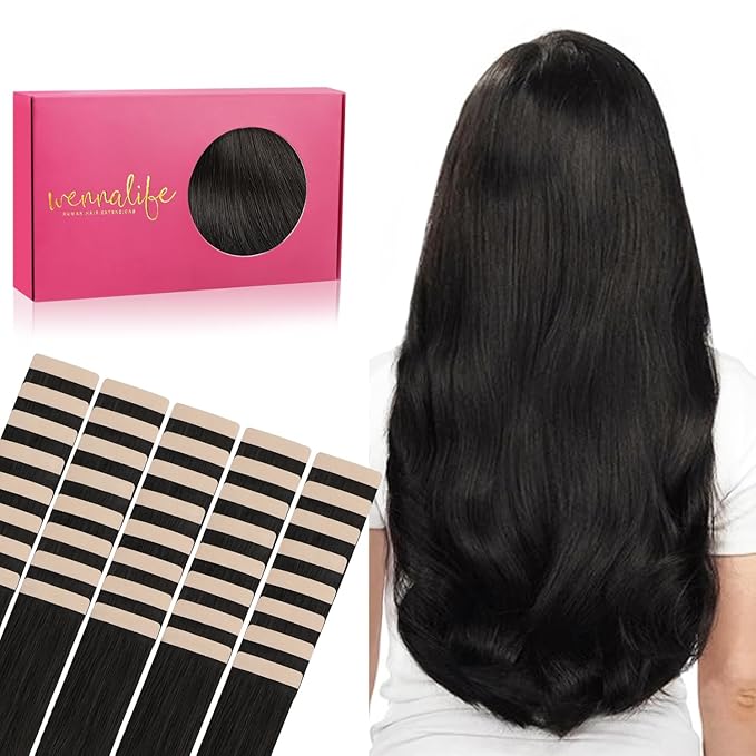 Wennalife Tape in Hair Extensions Human Hair,40pcs 100g 22 inch Natural Black Hair Extensions Real Human Hair Straight Tape in Extensions Invisible Human Hair Extensions Reusable Real Hair Extensions