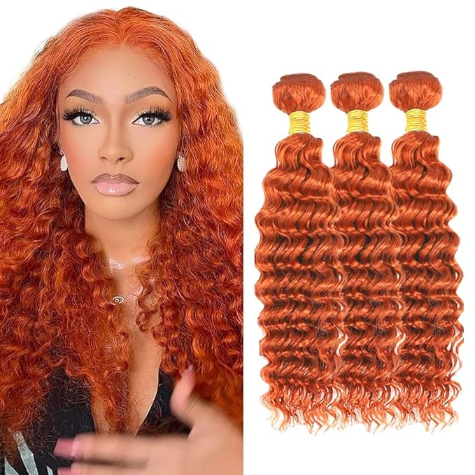 22 24 26 Inch Ginger Bundles Human Hair #350 Orange Deep Wave 3 Bundle Unprocessed Brazilian virgin hair Weave Extensions Double Weft 50 Grams/Bundle Colored Ginger Bundles for Woman