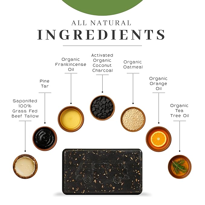 VanMan Tallow & Pine Tar Soap Bar – Grass-Fed Beef Tallow with Organic Oatmeal, Charcoal & Essential Oils – Exfoliating Face & Body Soap, 3.8oz - 3 Pack