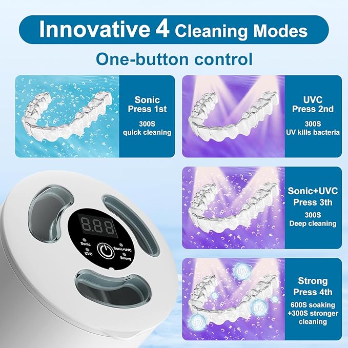HYCHIKA 2026 Ultrasonic Retainer Cleaner Machine with UV,45kHz High Frequency,4 Upgraded Modes,UV Retainer Cleaner,200ML Dental Cleaning Pod,for Retainers,Night Guards,Braces etc.,Iceberg White