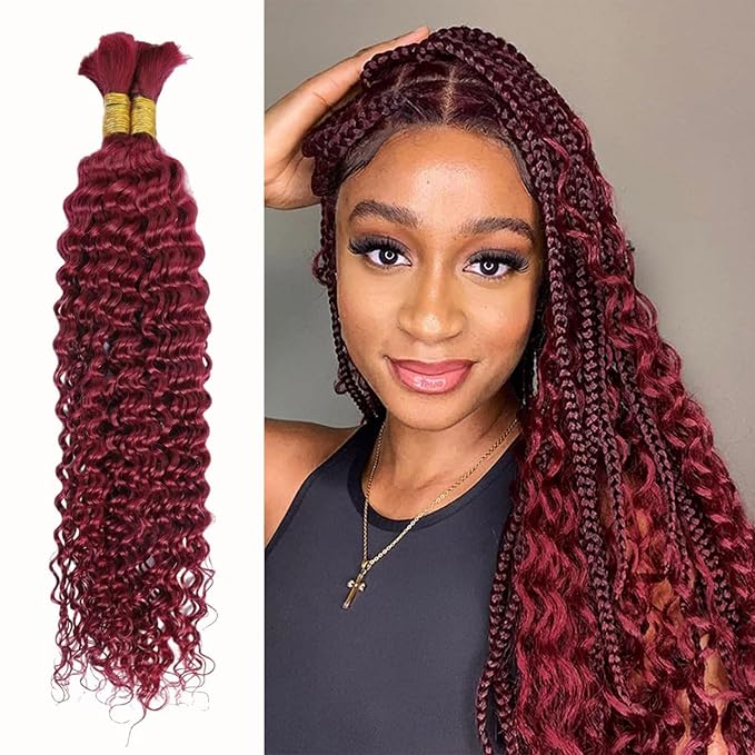 20 Inch Human Braiding Hair 100g Deep Wave Bulk Human Hair for Braiding Brazilian Virgin Human Hair Bundles Wet and Wavy Bundles No Weft Curly Human Hair Extensions for Boho Braids 99j