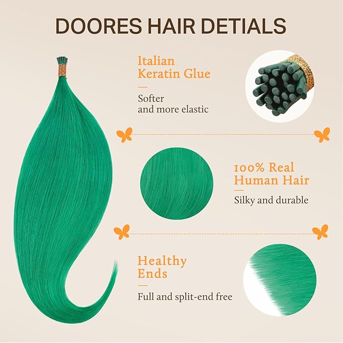 Doores I Tips Hair Extensions Real Human Hair, Green 18 Inch 25g, Extensions For Women, Colorful Natural Hair Extensions