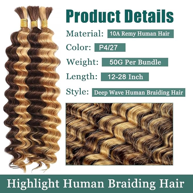 Human Braiding Hair 3 Bundles 150g 18 inch P4/27 Blonde Deep Wave Bundles Bulk Human Hair for Braiding Highlight Brown Color