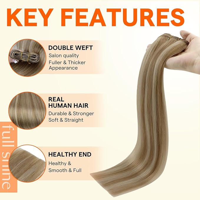 Full Shine Sew In Hair Extensions Remy Weft Hair Extensions Sew In Extensions Straight Hair Color Ash Blonde Mix Golden Blonde Human Hair Bundles For Women 18 Inch 105G