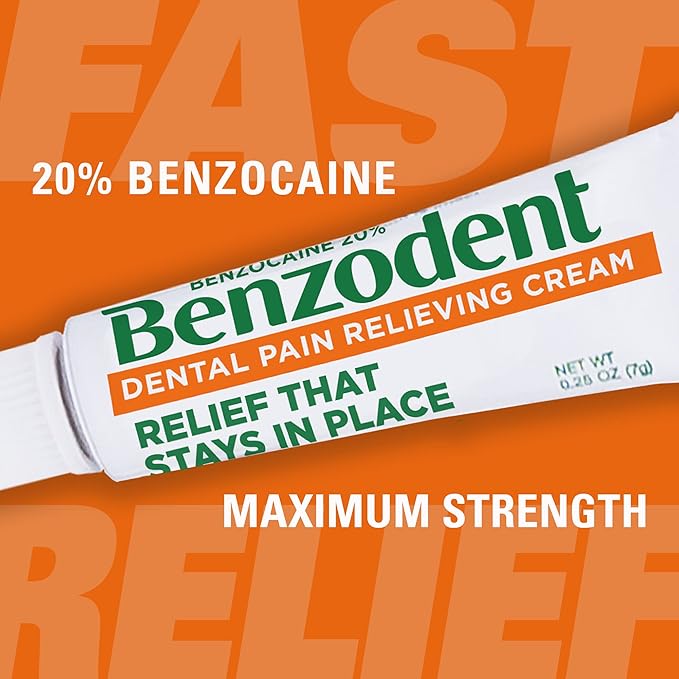 Benzodent Maximum Strength Dental and Oral Pain Relieving Cream for Dentures, Mouth Sores, and Braces, Long lasting Topical Anesthetic, 1oz