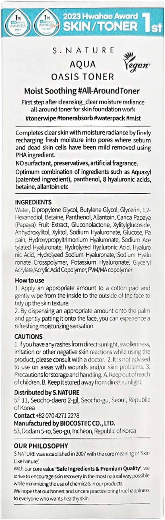 S.NATURE Aqua Oasis Toner | PHA, Soothing and Calming Skin,Hydrating, Refreshing Toner for All Skin Types, Korean Skin Care, Vegan | 300ml, 10.14 Fl Oz
