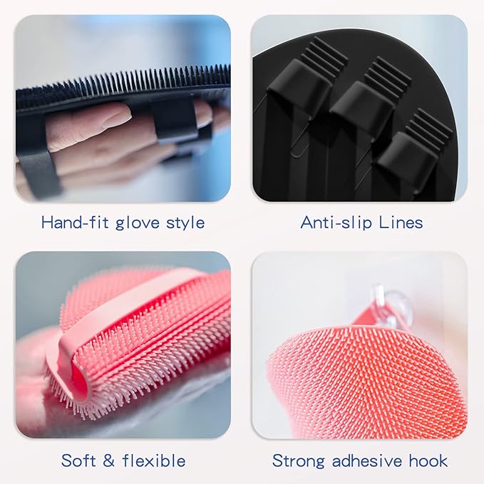 Manmihealth 4 Pack Soft Silicone Shower Brush, Super-Lathering and Deep-Cleaning Body & Face Scrubber, Gentle Exfoliating Bath Glove for All Skin Types, with Free Hooks (Black+Gray)*2