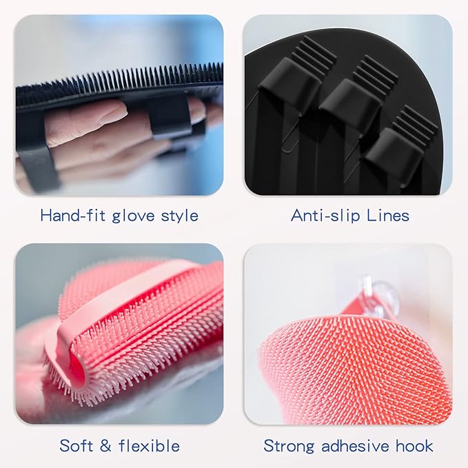 Manmihealth 4 Pack Soft Silicone Shower Brush, Super-Lathering and Deep-Cleaning Body & Face Scrubber, Gentle Exfoliating Bath Glove for All Skin Types, with Free Hooks (Black+Pink)*2