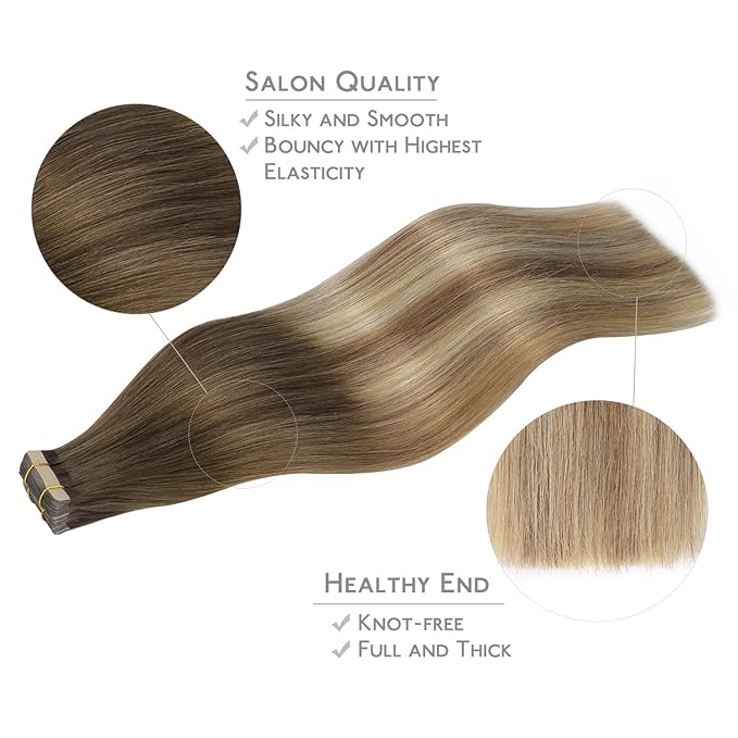 WENNALIFE Tape in Hair Extensions Human Hair, 20pcs 14 inch 50g Ombre Walnut Brown to Ash Brown and Bleach Blonde Remy Tape Hair Extensions Real Human Hair Tape Extensions Coloured Hair Extensions