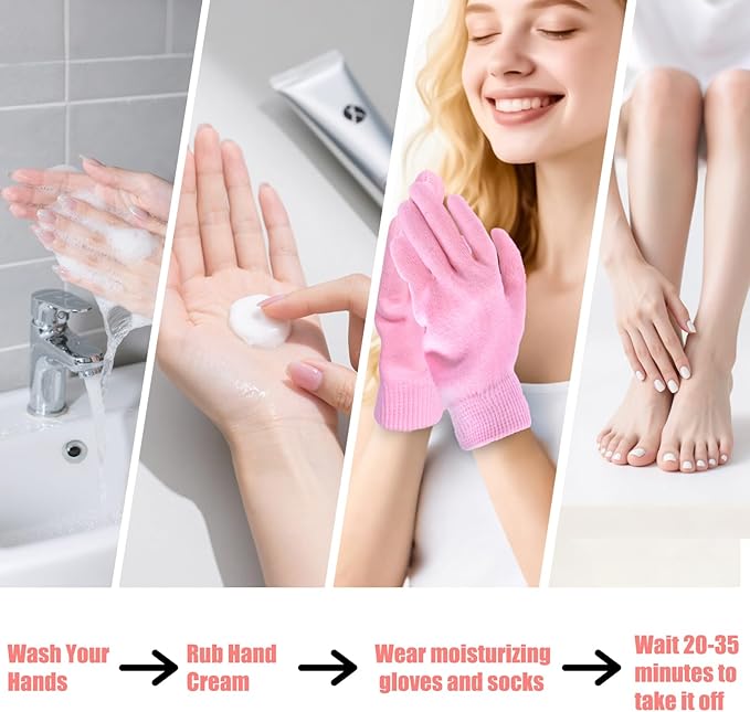 Moisturizing Gloves and Socks, Gel Spa Moisturizing Therapy Sock ＆ Glove, Overnight Gloves for Dry Hands, Repair and Soften Aging, Hand and Feet Care for Chapped and Dry Skin (Pink)