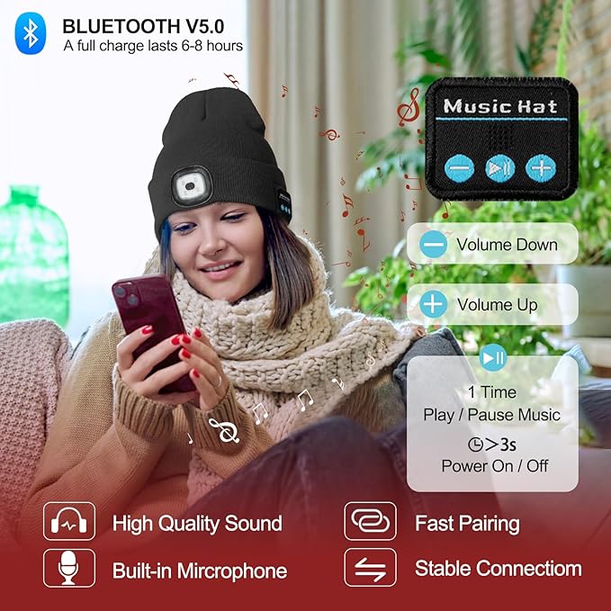 Gifts for Men, Rechargeable Bluetooth Music Unisex Beanie Hat with Light, Stocking Stuffers for Women, Birthday Gifts for Men, for Him, Black