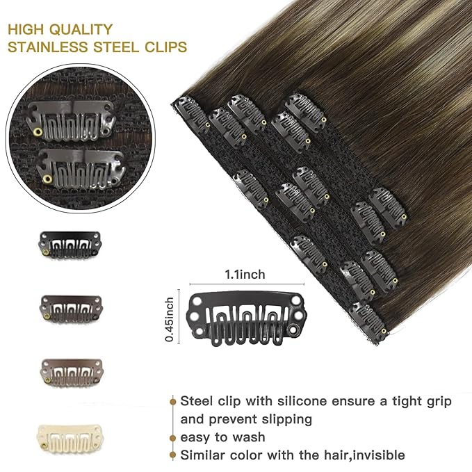 Lace Clip In Extensions Real Human Hair Balayage Walnut Brown to Ash Brown Mix Light Blonde Ombre Remy Hair Exteions 5 Pcs Double Weft Clip on Hair Extensions 12Inch 80g