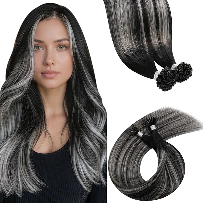 LaaVoo U Tip Hair Extensions Human Hair Ombre Black K tip Hair Extension Real Human Hair Natural Black to Silver KTip Human Hair Extensions Hot Fusion 20 inch 50g/50s