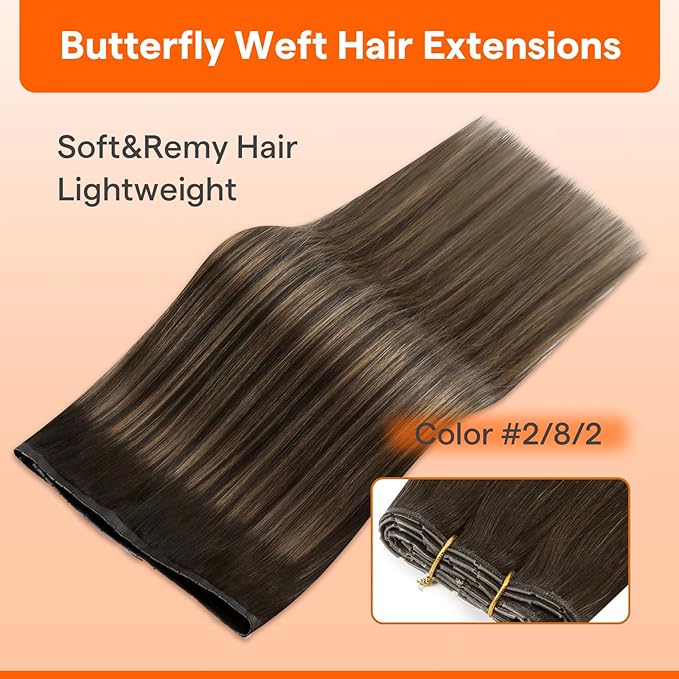 Full Shine Butterfly Weft Hair Extensions Straight Remy Hair Weft 18 Inch Invisible Pu Hole Weft Extensions Color Dark Brown To Light Brown Micro Beads Human Hair Extensions 100G