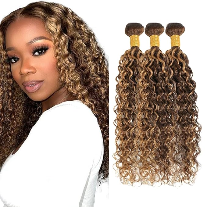 Brown Human Hair Bundles p427 Water Wave Bundle 14 16 18 inch 27 Wet and Wavy Bundles Blonde and Brown Bundle