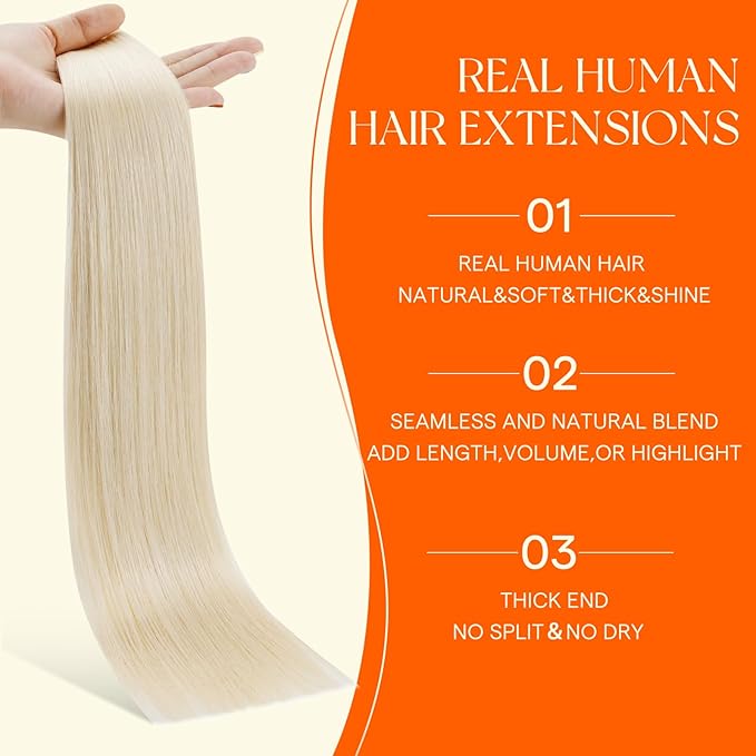 Full Shine Injected Tape in Extensions Color 1000 Blonde Invisible Tape in Hair Extensions Human Hair 20Inch 20Pcs 50Grams Real Human Hair Extensions Soft and Natural Add Length for Party Wedding