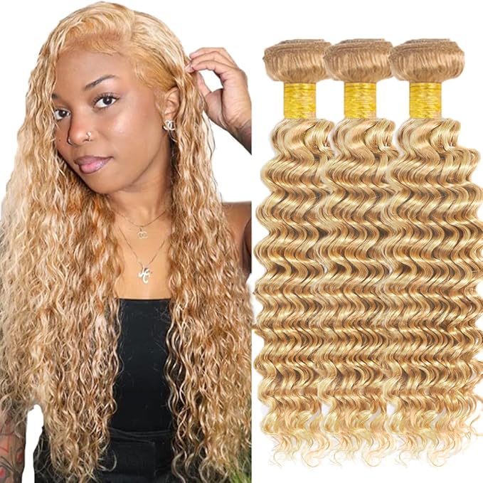 28 30 32 inch P27/613 Human Hair Bundles Blonde Deep Wave 3 Bundles 613 Wet and Wavy Bundle #27 Mixed With 613 Color