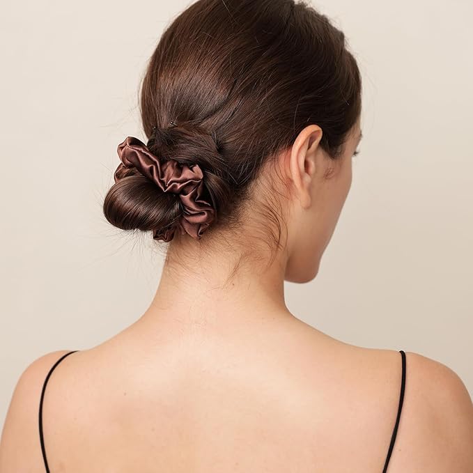 Silk Scrunchies for Women, 100% Mulberry Silk Hair Ties No Damage, Gentle No-Pull Elastic Ponytail Holders, 1Pc (Coffee)