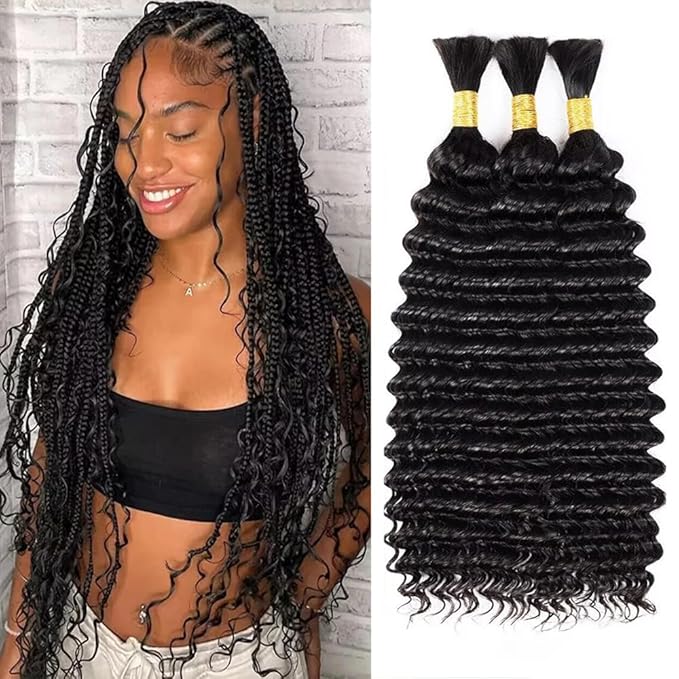 Braiding Hair Deep Wave Bulk Human Hair 20 Inch Natural Black Deep Wave Bulk 3 Bundles No Weft Brazilian Virgin Wet and Wavy Bundles