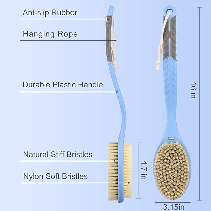 Shower Body Brush with Soft and Stiff Bristles,HONOMA Dual-Sided S Curved Long Handle Back Scrubber Body Exfoliator for Wet or Dry Bath Brushing(Blue)
