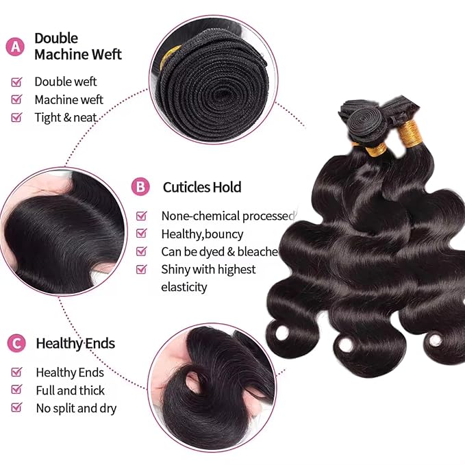 Human Hair Bundles 14 14 14 Inch Body Wave Bundles Human Hair 100% Unprocessed Brazilian Virgin Body Wave Human Hair Extensions Real Human Hair Double Weft Extension for Women Natural Black