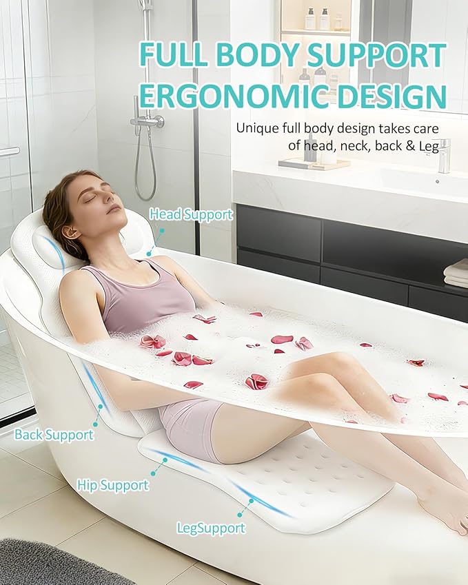 Full Body Bath Pillow for Bathtub, 5D Thick Tub Pillow for Bathtub with 192 Non-Slip Suction Cups, Laundry Bag & Hook, Bathtub Pillow for Head, Neck & Back Support (White, 51"*15")