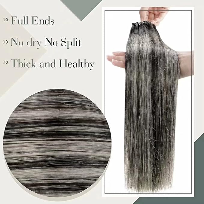 LaaVoo Micro Beads Hair Extensions Ombre Natural Black to Grey Silver Micro Loop Hair Extensions Real Human Hair Balayage Cold Fusion 16 Inch 50g/50s