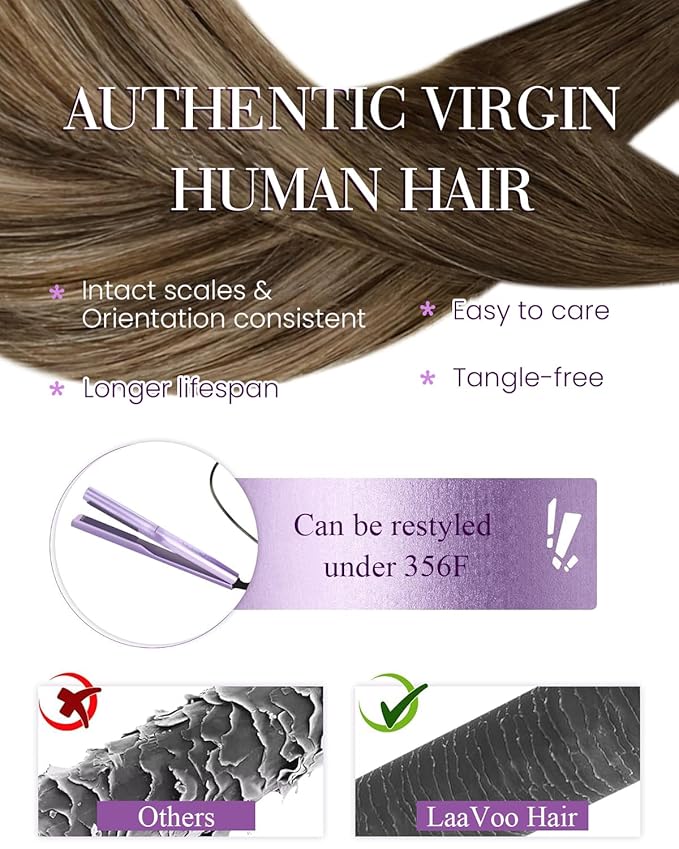 LaaVoo Nano Bead Hair Extensions Human Hair Nano Extensions Balayage Dark Brown to Caramel Brown Nano Hair Extensions Human Hair Ombre Brown Cold Fusion 50s 50g 22 Inch