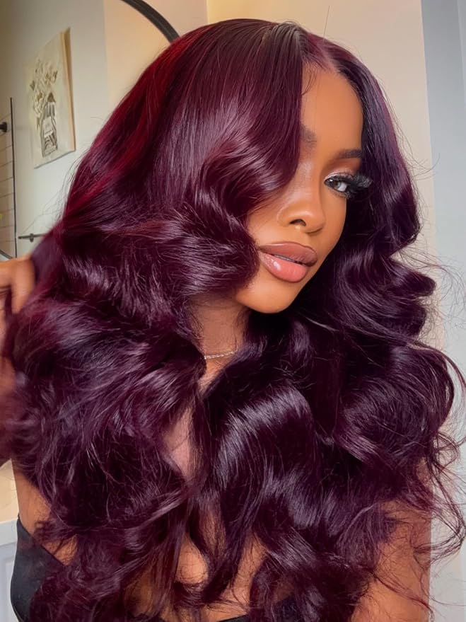 Julia Hair Black Cherry Loose Wave Wig 13x4 HD Lace Frontal Pre-Everything Drawstring Wigs Put on and Go Glueless Body Wave with Face Framing Bangs Pre Plucked Pre Cut Bleached Knots for Women 16 Inch