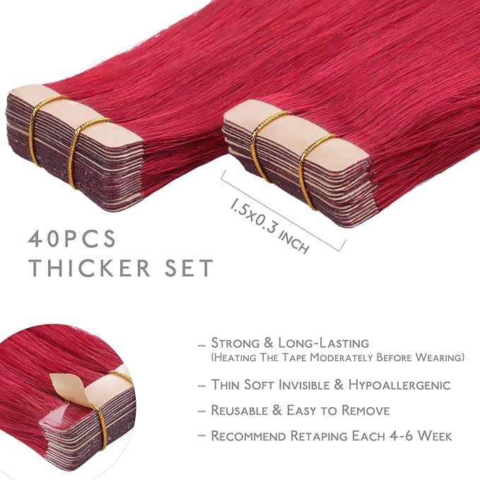 WENNALIFE Tape in Hair Extensions Human Hair, 40pcs 100g 14 inch Red Hair Extensions Real Human Hair Straight Tape in Extensions Invisible Human Hair Extensions Reusable Real Hair Extensions