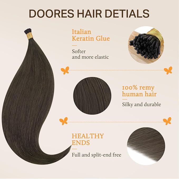 DOORES I Tip Hair Extensions Remy Hair Extensions, Mocha Brown 50g/100s 14 Inch, Itip Human Hair Extensions For Women
